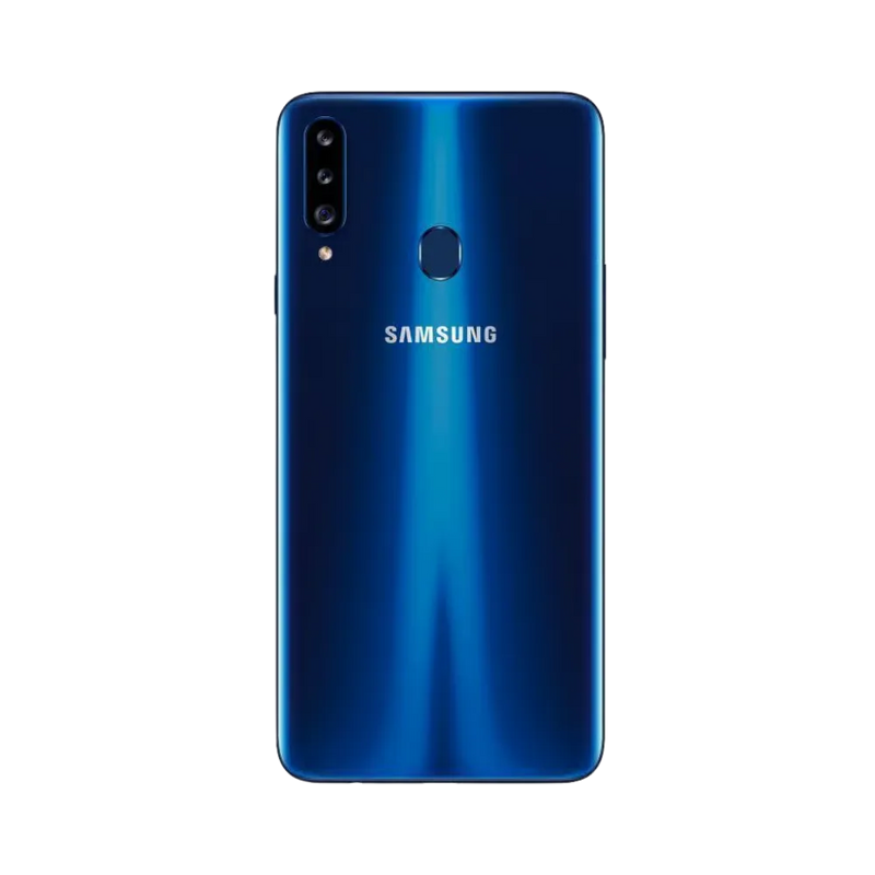 Dos bleu Samsung Galaxy A20s avec triple caméra et capteur d’empreintes – réparation vitre arrière cassée, changement batterie et restauration esthétique par iTelier Lyon – expertise locale, diagnostic offert, garantie 1 an.