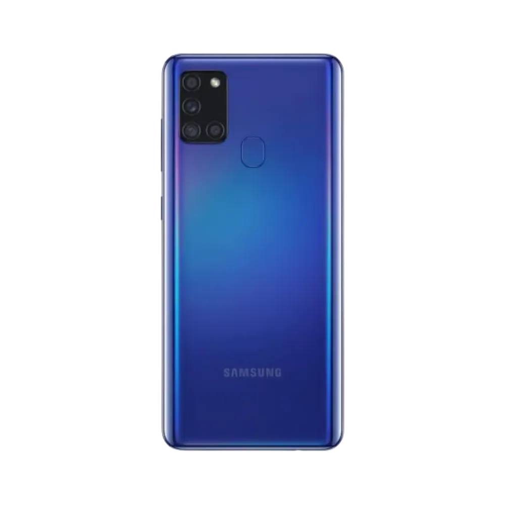 Dos bleu Samsung Galaxy A21s avec quadruple caméra – réparation vitre arrière fissurée, changement batterie et restauration esthétique par iTelier Lyon – expertise locale, diagnostic offert, service garanti 1 an.