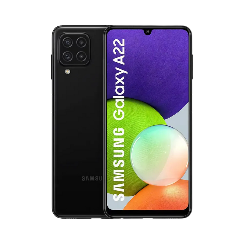 Samsung Galaxy A22 4G noir vu de face et de dos – réparation écran Super AMOLED, remplacement batterie et vitre arrière avec iTelier Lyon – diagnostic offert, service express, garantie pièces et main-d’œuvre.