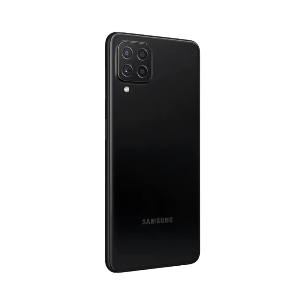 Dos noir Samsung Galaxy A22 4G avec module photo carré – réparation vitre arrière cassée, changement batterie et restauration esthétique par iTelier Lyon – expertise locale, diagnostic offert, service garanti 1 an.