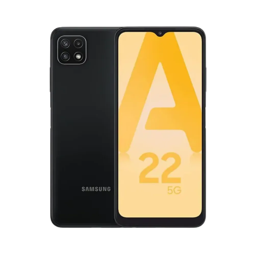 Samsung Galaxy A22 5G noir vu de face et de dos – réparation écran LCD, remplacement batterie et vitre arrière avec iTelier Lyon – diagnostic gratuit, service rapide, garantie pièces et main-d’œuvre.