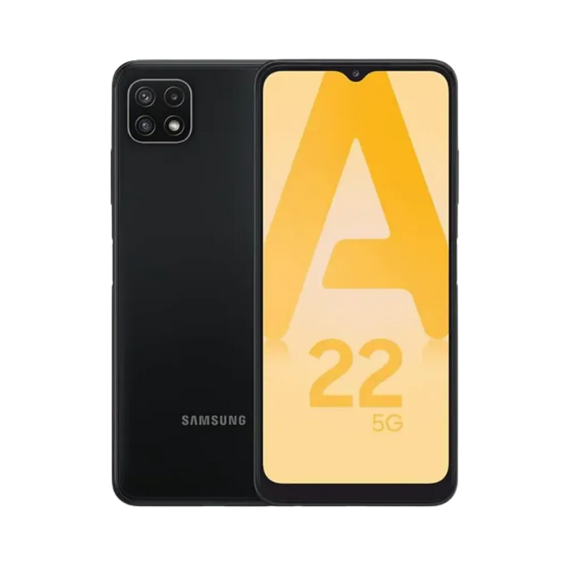 Samsung Galaxy A22 5G noir vu de face et de dos – réparation écran LCD, remplacement batterie et vitre arrière avec iTelier Lyon – diagnostic gratuit, service rapide, garantie pièces et main-d’œuvre.