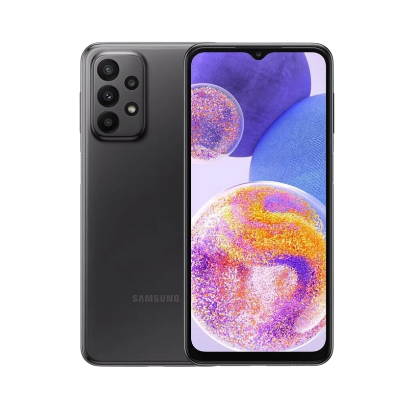 Samsung Galaxy A23 4G noir vu de face et de dos – réparation écran LCD, remplacement batterie et vitre arrière avec iTelier Lyon – diagnostic gratuit, service express, garantie pièces et main-d’œuvre.