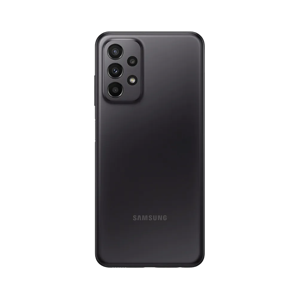 Dos noir Samsung Galaxy A23 5G avec quadruple caméra – réparation vitre arrière cassée, changement batterie et restauration esthétique par iTelier Lyon – expertise locale, diagnostic gratuit, service garanti 1 an.
