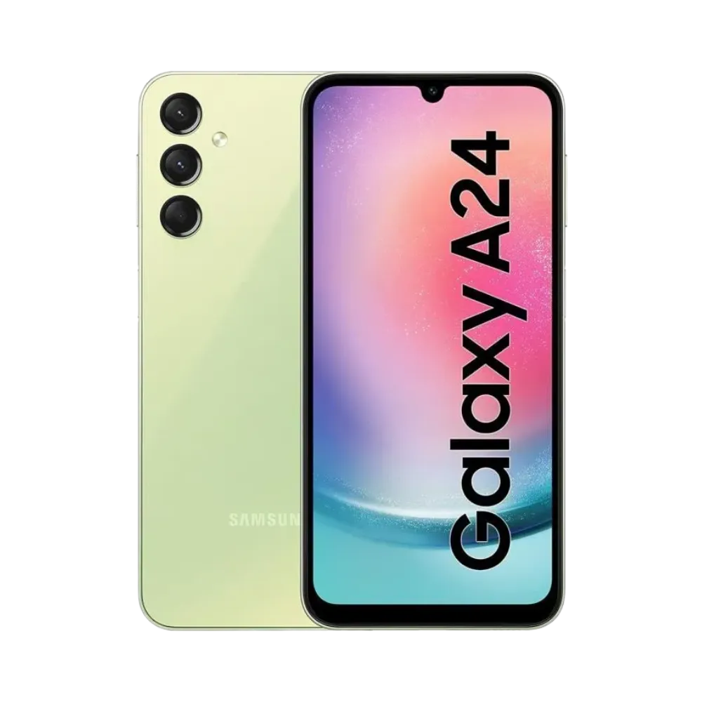 Samsung Galaxy A24 4G vert clair vu de face et de dos – réparation écran Super AMOLED, remplacement batterie et vitre arrière avec iTelier Lyon – diagnostic gratuit, service express, garantie pièces et main-d’œuvre.