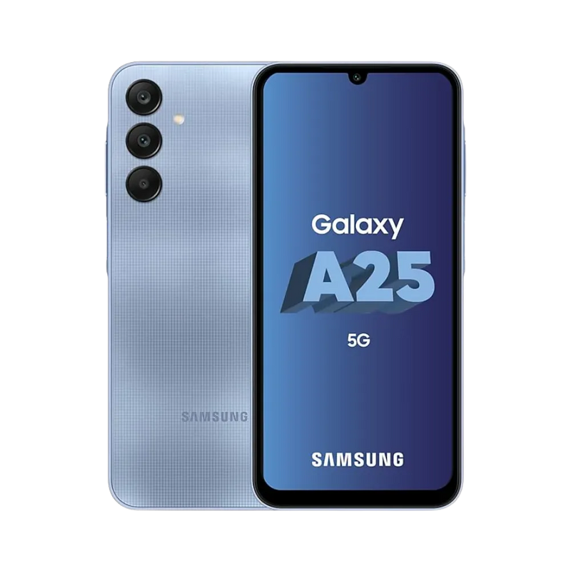 Samsung Galaxy A25 5G bleu vu de face et de dos – réparation écran Super AMOLED, remplacement batterie et vitre arrière avec iTelier Lyon – diagnostic gratuit, service express, garantie pièces et main-d’œuvre.