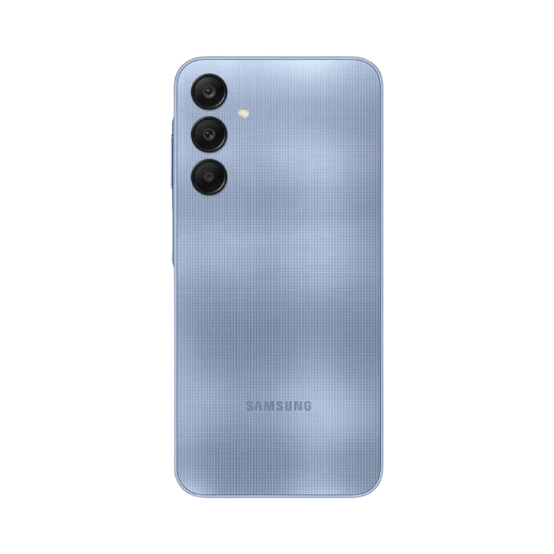 Dos bleu Samsung Galaxy A25 5G avec triple caméra – réparation vitre arrière endommagée, changement batterie et restauration esthétique par iTelier Lyon – expertise locale, diagnostic offert, garantie 1 an.