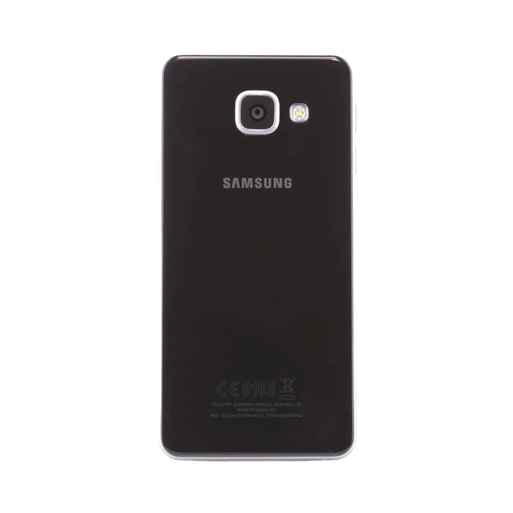 Dos noir Samsung Galaxy A3 2016 avec capteur photo carré – remplacement vitre arrière brisée, changement batterie et restauration complète avec iTelier Lyon – réparation professionnelle garantie 12 mois.
