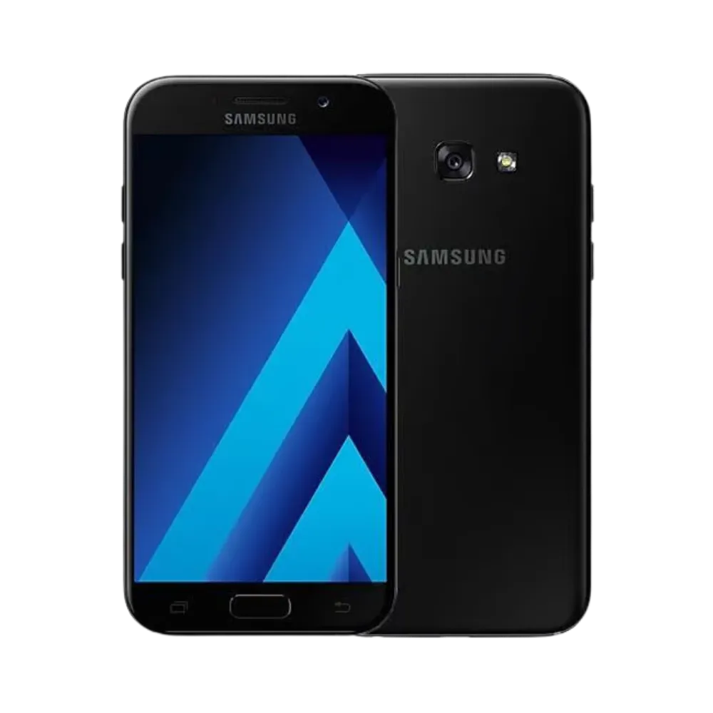 Samsung Galaxy A3 2017 noir vu de face et de dos – réparation écran AMOLED, changement batterie et vitre arrière avec iTelier Lyon – diagnostic offert, service express en boutique ou envoi sécurisé dans toute la France.