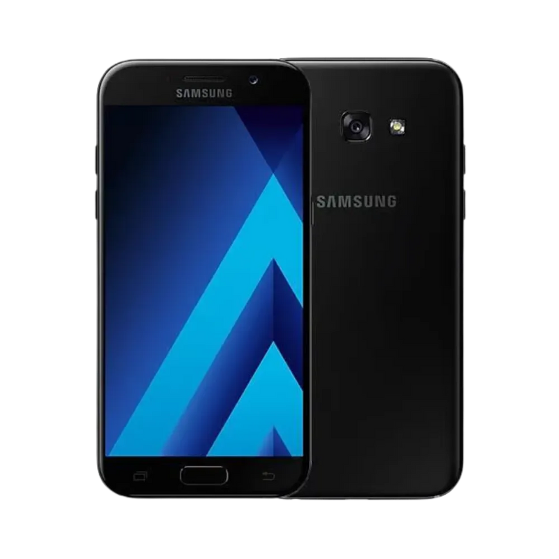 Samsung Galaxy A3 2017 noir vu de face et de dos – réparation écran AMOLED, changement batterie et vitre arrière avec iTelier Lyon – diagnostic offert, service express en boutique ou envoi sécurisé dans toute la France.