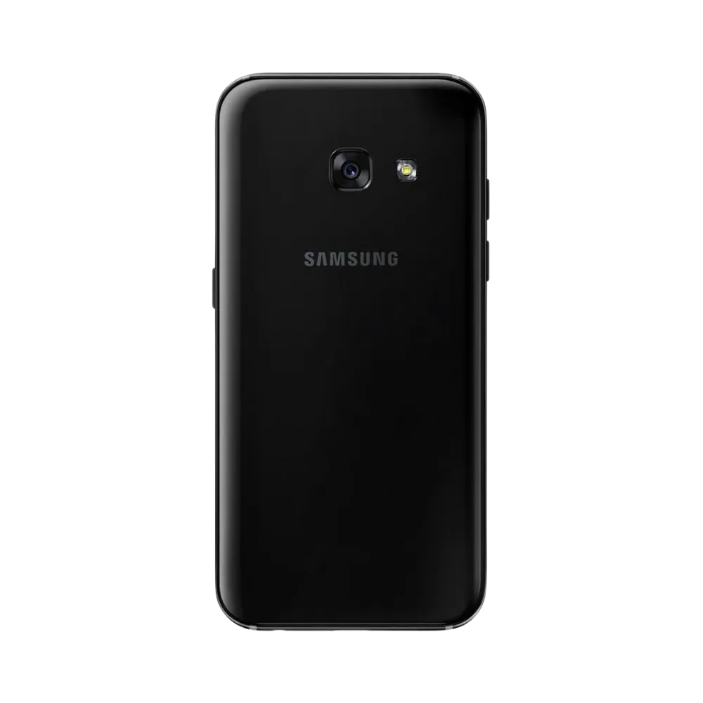 Dos noir Samsung Galaxy A3 2017 avec capteur photo LED – réparation vitre arrière brisée, remplacement batterie et restauration complète avec iTelier Lyon – réparation professionnelle garantie 12 mois.
