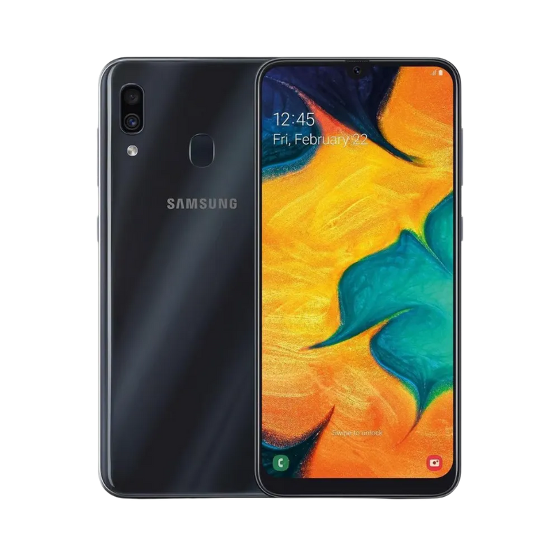 Samsung Galaxy A30 noir vu de face et de dos – réparation écran Super AMOLED, remplacement batterie et vitre arrière avec iTelier Lyon – diagnostic gratuit, service express, garantie pièces et main-d’œuvre.