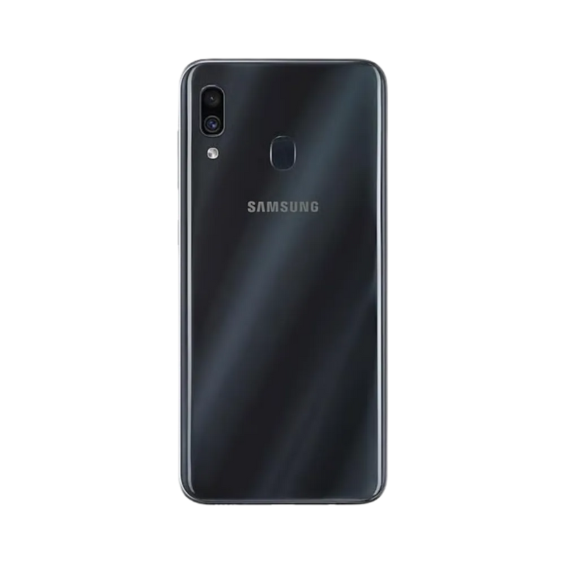 Dos noir Samsung Galaxy A30 avec double caméra et capteur d’empreintes – réparation vitre arrière cassée, changement batterie et restauration esthétique par iTelier Lyon – service expert, diagnostic offert, garantie pièces et main-d’œuvre.