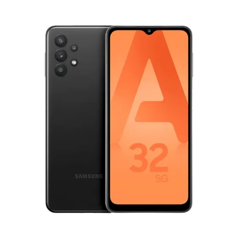 Samsung Galaxy A32 4G noir vu de face et de dos – réparation écran Super AMOLED, remplacement batterie et vitre arrière avec iTelier Lyon – diagnostic gratuit, réparation rapide, garantie pièces et main-d’œuvre.