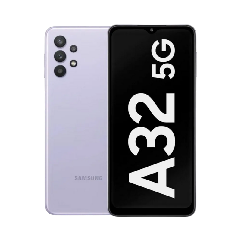 Samsung Galaxy A32 5G violet vu de face et de dos – réparation écran LCD/AMOLED, remplacement batterie et vitre arrière avec iTelier Lyon – diagnostic offert, service rapide, garantie pièces et main-d’œuvre.