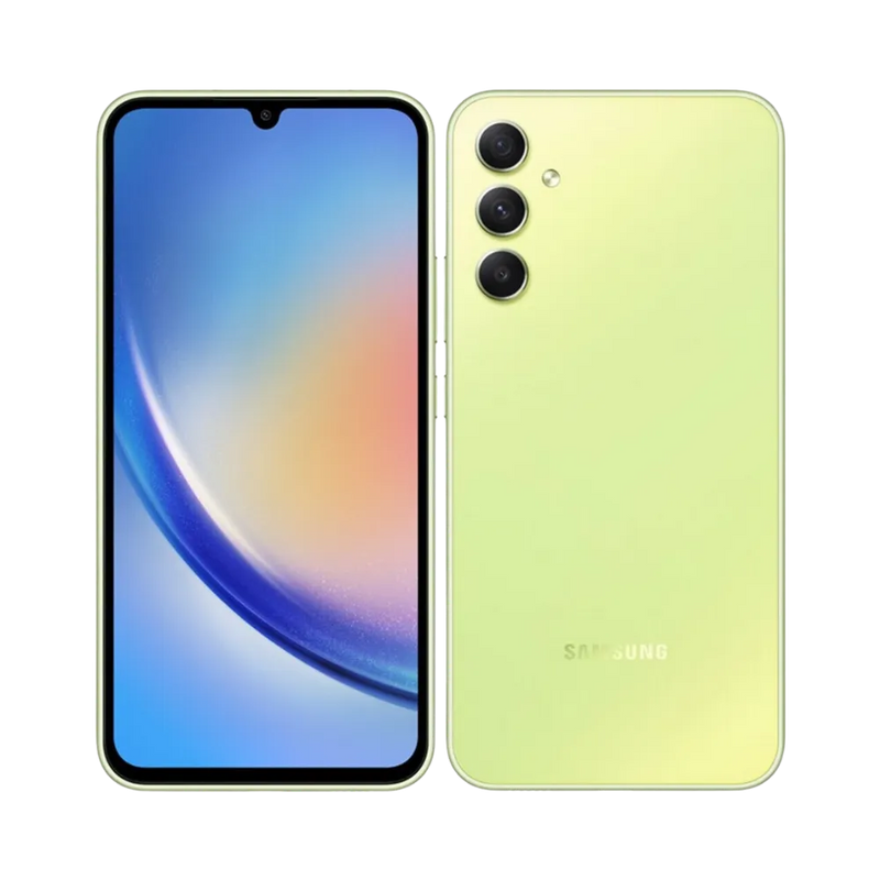 Samsung Galaxy A34 5G vert vu sous un angle incliné – réparation connecteur de charge, boutons latéraux et pièces internes avec iTelier Lyon – diagnostic offert, réparation rapide en boutique ou par envoi.