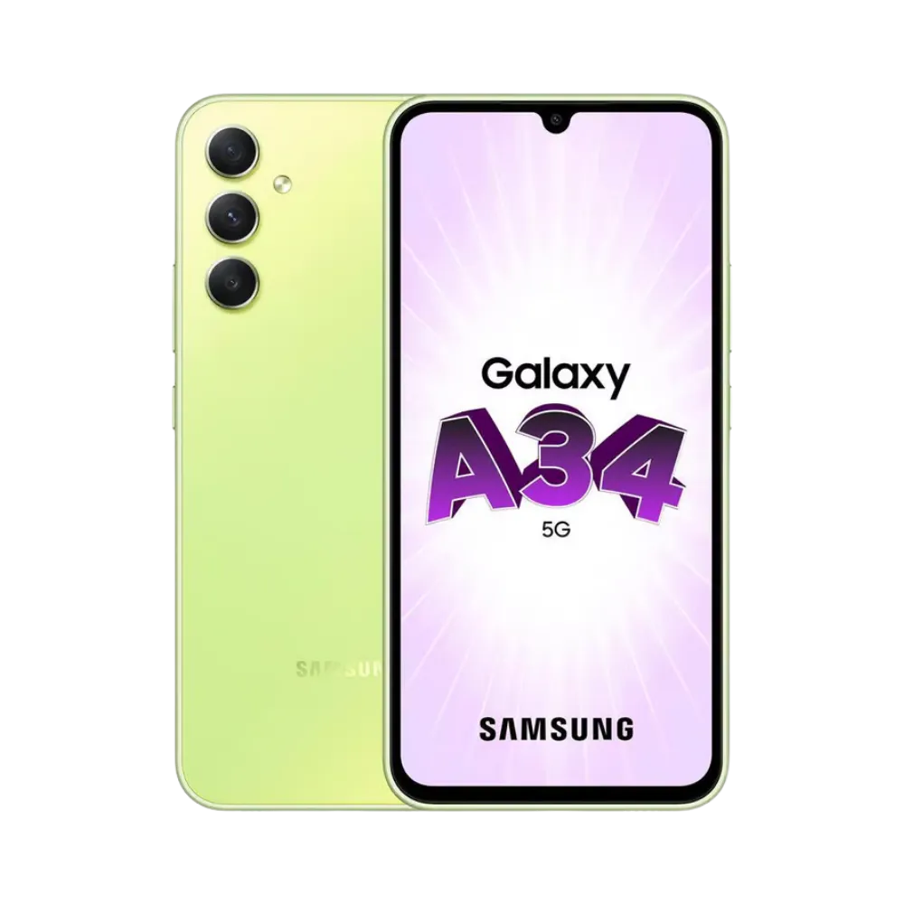 Samsung Galaxy A34 5G vert clair vu de face et de dos – réparation écran Super AMOLED, remplacement batterie et vitre arrière avec iTelier Lyon – diagnostic gratuit, service express, garantie pièces et main-d’œuvre.