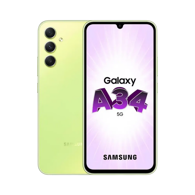 Samsung Galaxy A34 5G vert clair vu de face et de dos – réparation écran Super AMOLED, remplacement batterie et vitre arrière avec iTelier Lyon – diagnostic gratuit, service express, garantie pièces et main-d’œuvre.