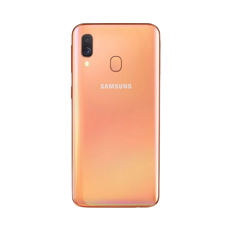 Dos orange Samsung Galaxy A40 avec double caméra et capteur d’empreintes – réparation vitre arrière fissurée, changement batterie et restauration esthétique par iTelier Lyon – service expert garanti 1 an.