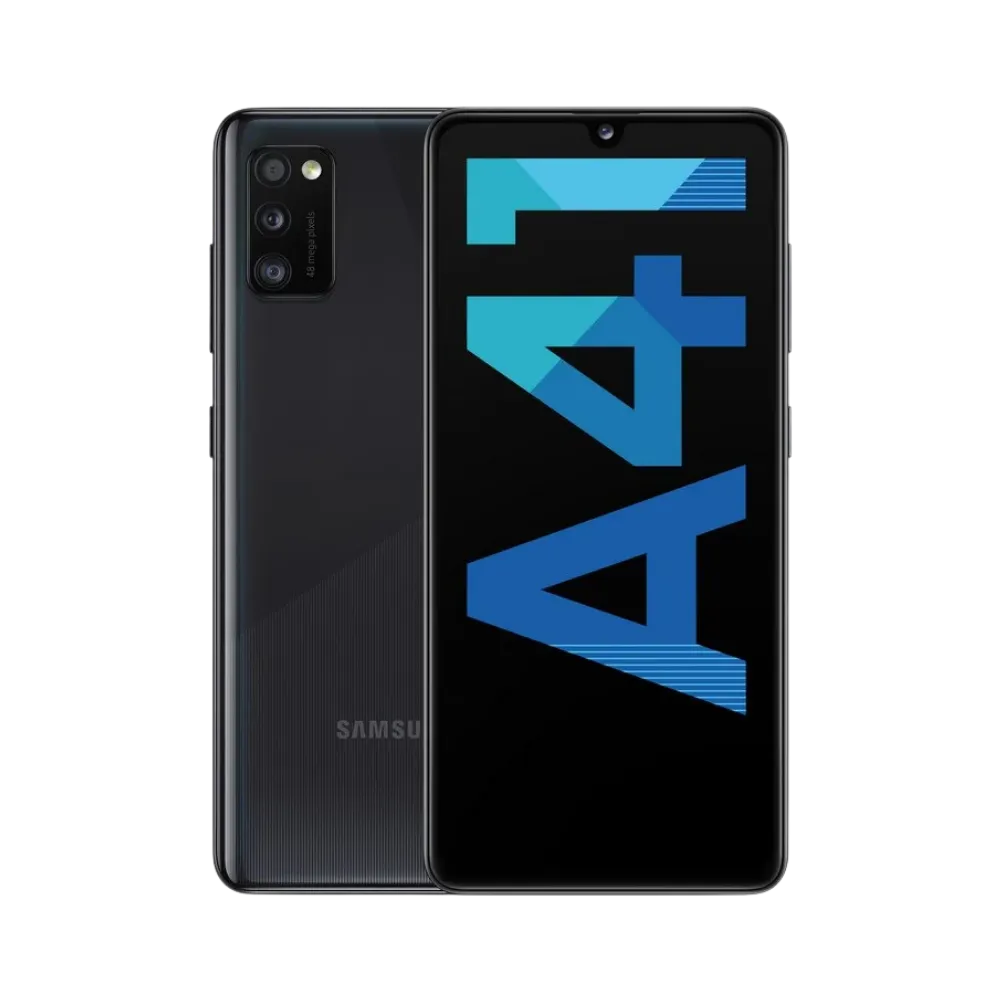 Samsung Galaxy A41 noir vu de face et de dos – réparation écran Super AMOLED, remplacement batterie et vitre arrière avec iTelier Lyon – diagnostic offert, service express, garantie pièces et main-d’œuvre.