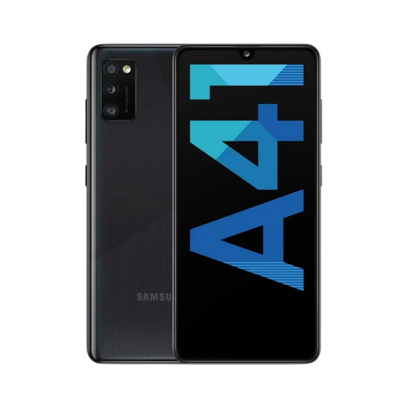 Samsung Galaxy A41 noir vu de face et de dos – réparation écran Super AMOLED, remplacement batterie et vitre arrière avec iTelier Lyon – diagnostic offert, service express, garantie pièces et main-d’œuvre.