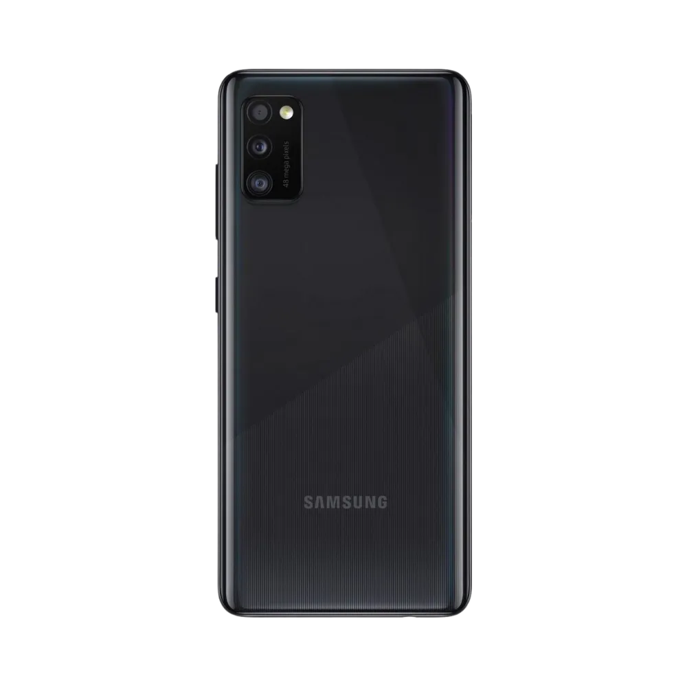 Dos noir Samsung Galaxy A41 avec triple caméra – réparation vitre arrière brisée, changement batterie et restauration esthétique par iTelier Lyon – expertise locale, service professionnel garanti 1 an.