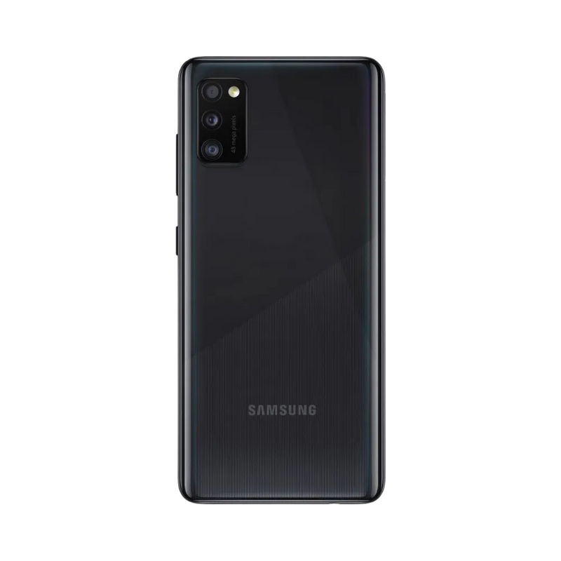 Dos noir Samsung Galaxy A41 avec triple caméra – réparation vitre arrière brisée, changement batterie et restauration esthétique par iTelier Lyon – expertise locale, service professionnel garanti 1 an.