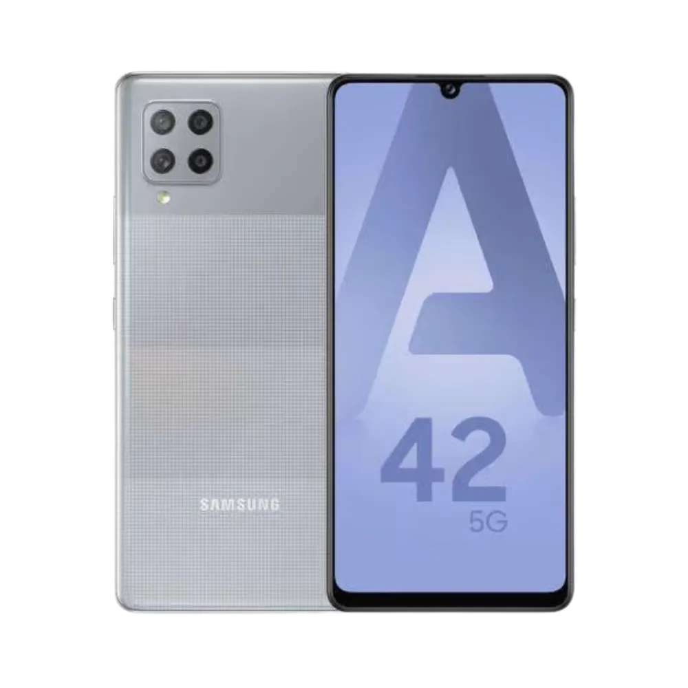 Samsung Galaxy A42 5G argent vu de face et de dos – réparation écran Super AMOLED, remplacement batterie et vitre arrière avec iTelier Lyon – diagnostic gratuit, service express, garantie pièces et main-d’œuvre.