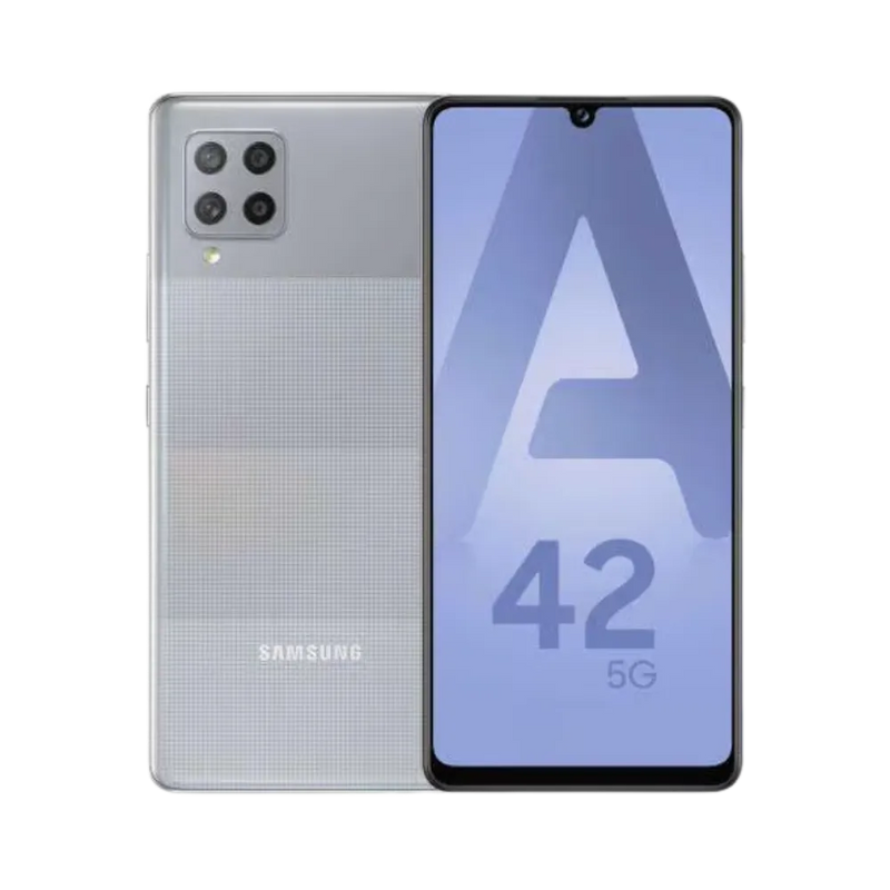 Samsung Galaxy A42 5G argent vu de face et de dos – réparation écran Super AMOLED, remplacement batterie et vitre arrière avec iTelier Lyon – diagnostic gratuit, service express, garantie pièces et main-d’œuvre.