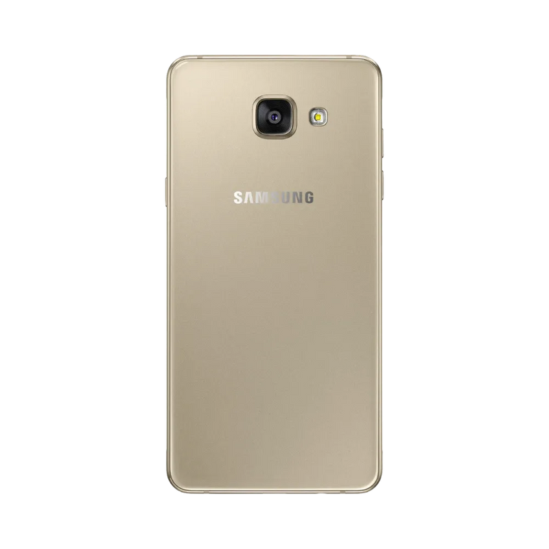 Dos doré Samsung Galaxy A5 2016 avec appareil photo carré – réparation vitre arrière cassée, remplacement batterie et restauration complète par iTelier Lyon – service professionnel garanti 1 an.