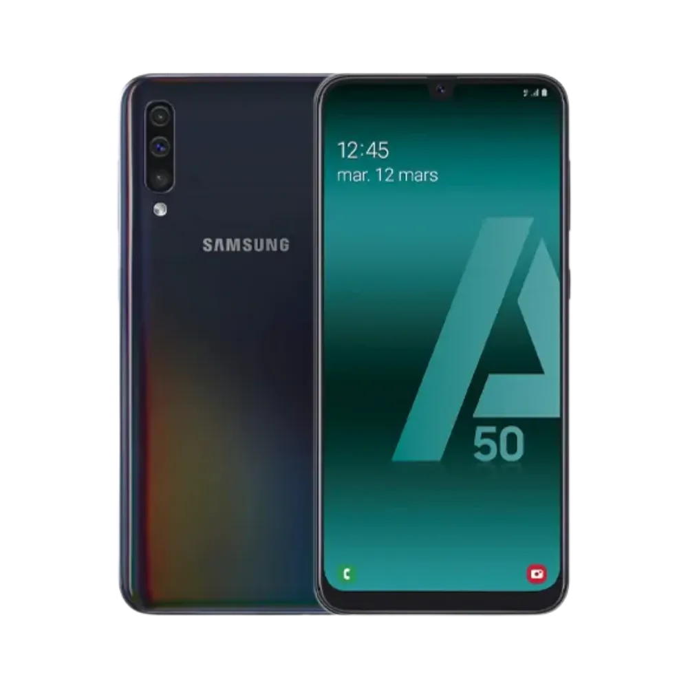Samsung Galaxy A50 noir vu de face et de dos – réparation écran Super AMOLED, remplacement batterie et vitre arrière avec iTelier Lyon – diagnostic gratuit, service rapide, garantie pièces et main-d’œuvre.