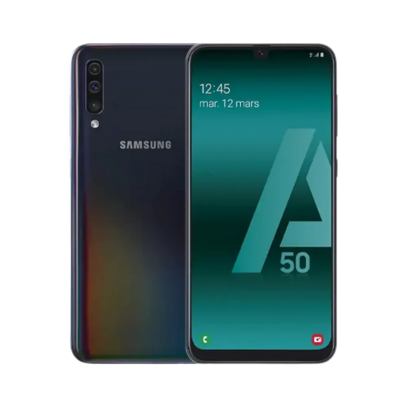 Samsung Galaxy A50 noir vu de face et de dos – réparation écran Super AMOLED, remplacement batterie et vitre arrière avec iTelier Lyon – diagnostic gratuit, service rapide, garantie pièces et main-d’œuvre.