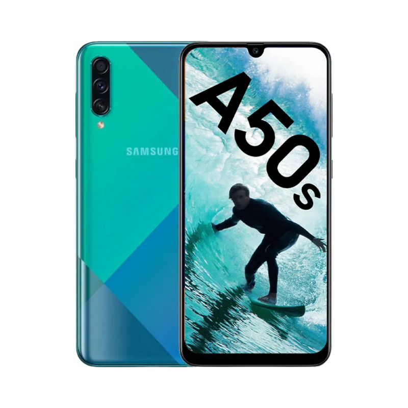 Samsung Galaxy A50s vert vu de face et de dos – réparation écran Super AMOLED, remplacement batterie et vitre arrière avec iTelier Lyon – diagnostic offert, service rapide, garantie pièces et main-d’œuvre.