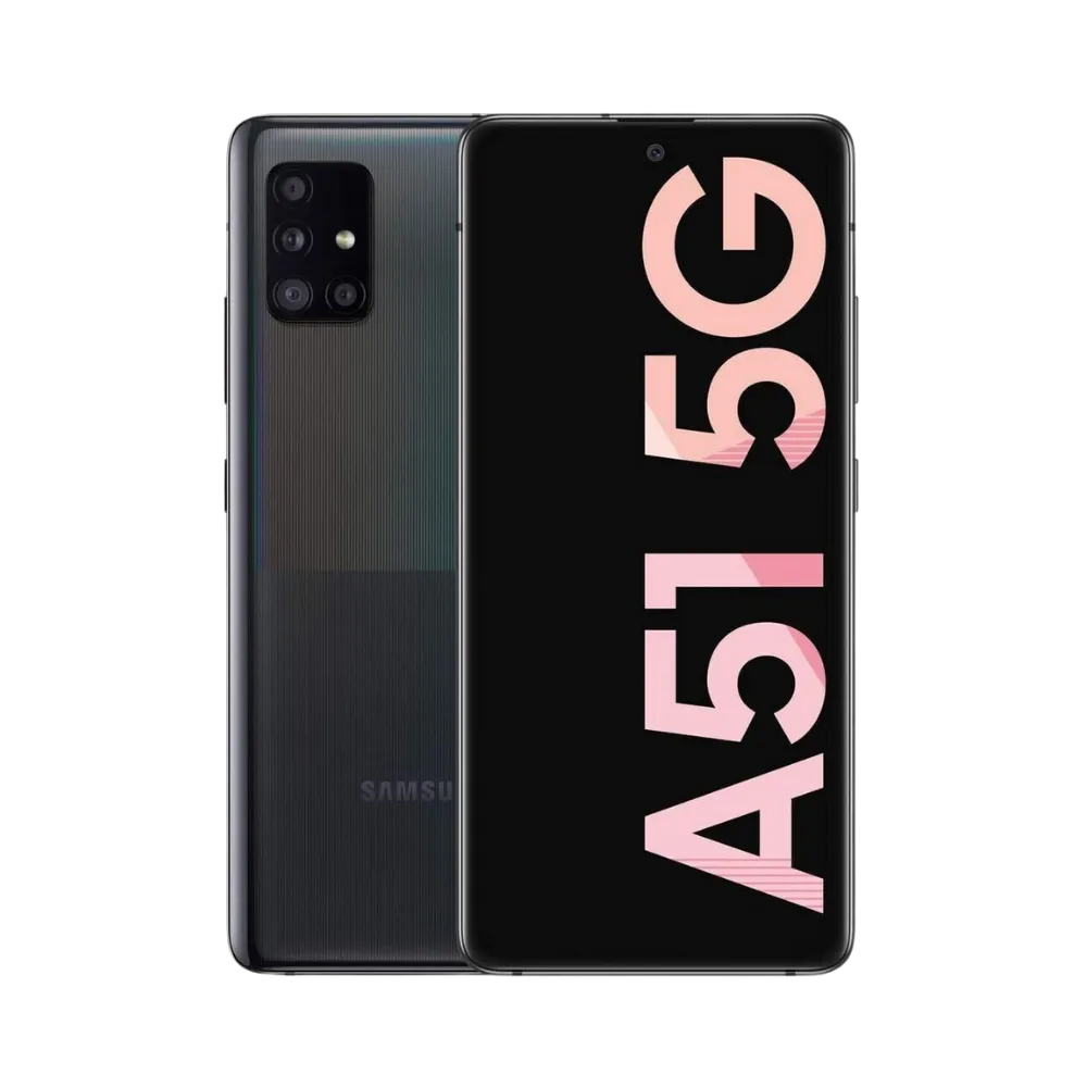Samsung Galaxy A51 5G noir vu de face et de dos – réparation écran Super AMOLED, remplacement batterie et vitre arrière avec iTelier Lyon – diagnostic gratuit, service rapide, garantie pièces et main-d’œuvre.