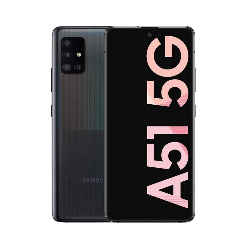 Samsung Galaxy A51 5G noir vu de face et de dos – réparation écran Super AMOLED, remplacement batterie et vitre arrière avec iTelier Lyon – diagnostic gratuit, service rapide, garantie pièces et main-d’œuvre.