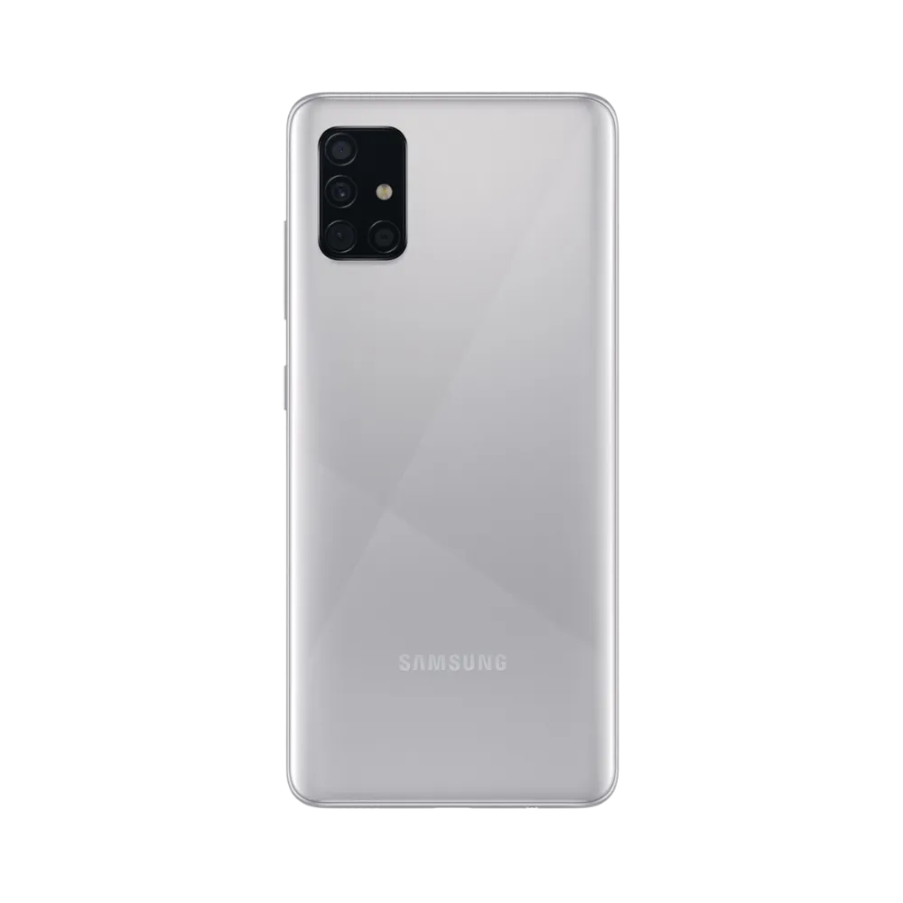 Dos argenté Samsung Galaxy A51 avec quadruple caméra – réparation vitre arrière endommagée, changement batterie et restauration esthétique par iTelier Lyon – expertise locale, garantie pièces et main-d’œuvre.