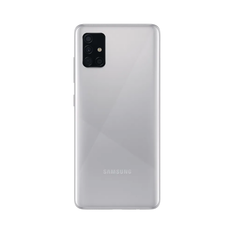 Dos argenté Samsung Galaxy A51 avec quadruple caméra – réparation vitre arrière endommagée, changement batterie et restauration esthétique par iTelier Lyon – expertise locale, garantie pièces et main-d’œuvre.