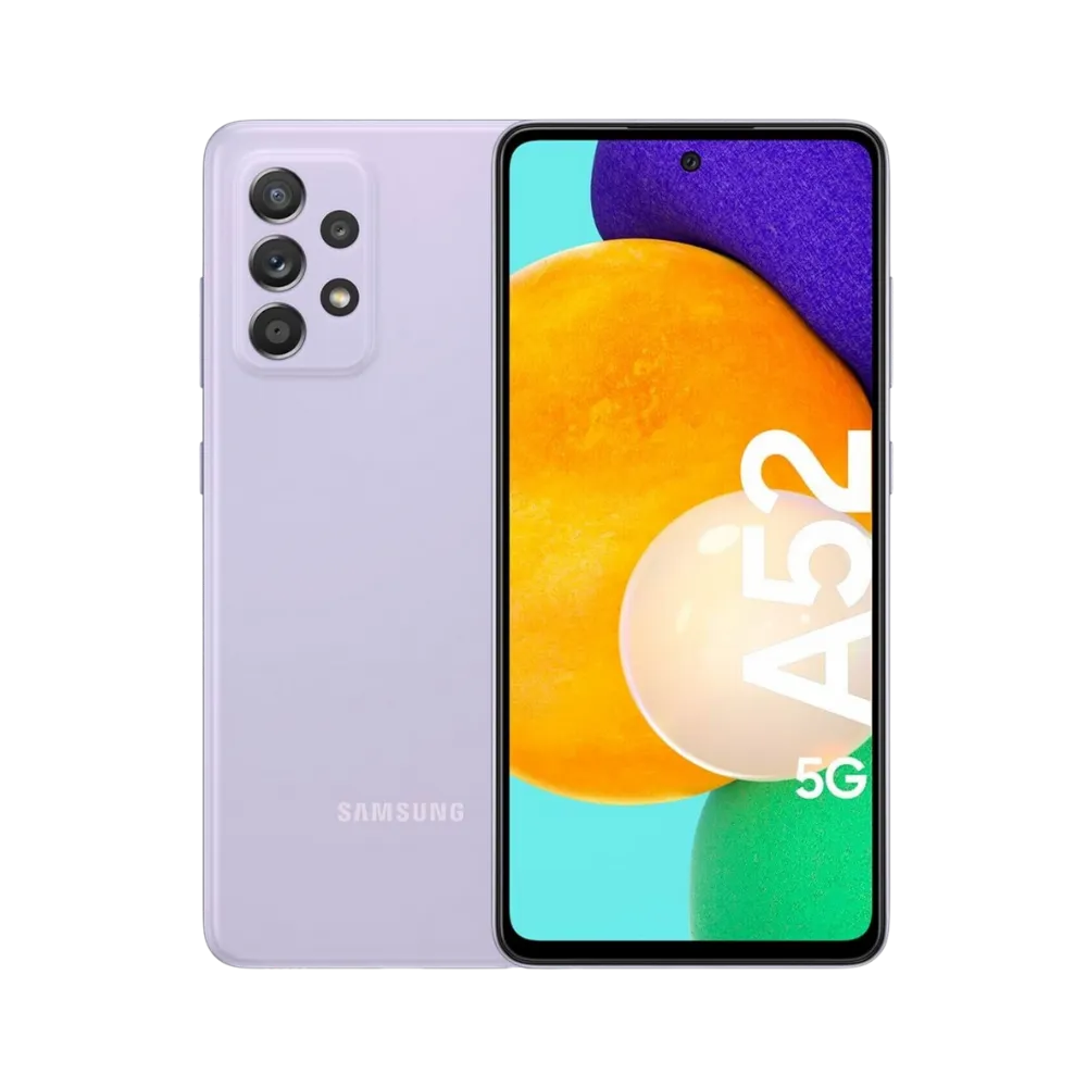 Samsung Galaxy A52 violet vu de face et de dos – réparation écran AMOLED, remplacement batterie et vitre arrière avec iTelier Lyon – diagnostic offert, service express, garantie pièces et main-d’œuvre.