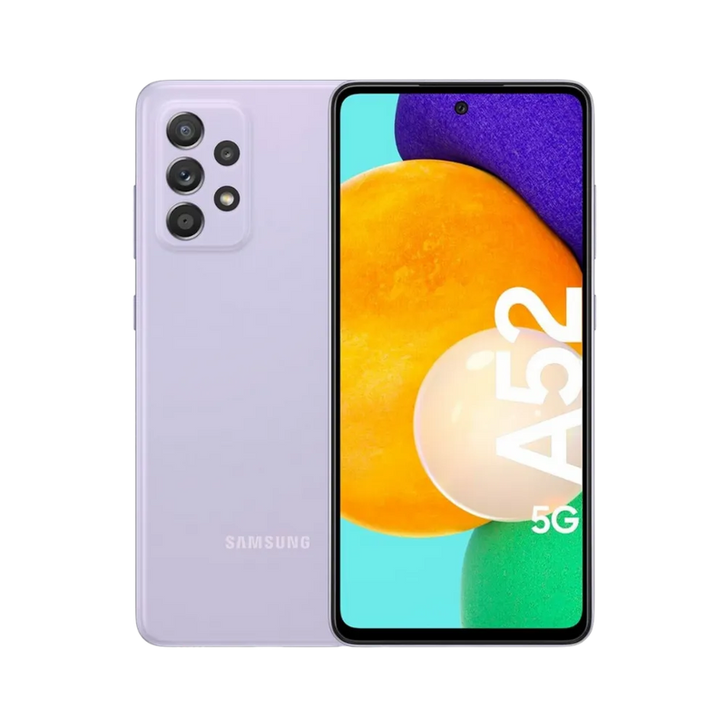 Samsung Galaxy A52 violet vu de face et de dos – réparation écran AMOLED, remplacement batterie et vitre arrière avec iTelier Lyon – diagnostic offert, service express, garantie pièces et main-d’œuvre.