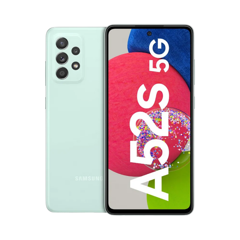 Samsung Galaxy A52s 5G vert clair vu de face et de dos – réparation écran AMOLED, remplacement batterie et vitre arrière avec iTelier Lyon – diagnostic offert, service rapide, garantie pièces et main-d’œuvre.