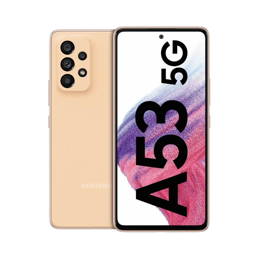 Samsung Galaxy A53 5G beige vu de face et de dos – réparation écran Super AMOLED, remplacement batterie et vitre arrière avec iTelier Lyon – diagnostic gratuit, service express, garantie pièces et main-d’œuvre.