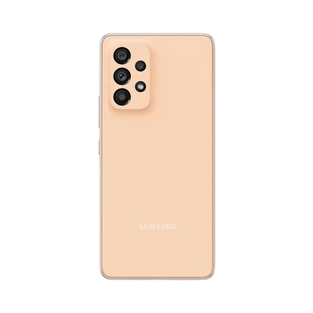 Dos beige Samsung Galaxy A53 5G avec quadruple caméra – réparation vitre arrière fissurée, changement batterie et restauration esthétique par iTelier Lyon – expertise locale, garantie pièces 1 an.