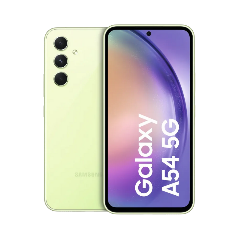 Samsung Galaxy A54 5G vert vu de face et de dos – réparation écran AMOLED, remplacement batterie et vitre arrière avec iTelier Lyon – diagnostic gratuit, service rapide, garantie pièces 1 an.