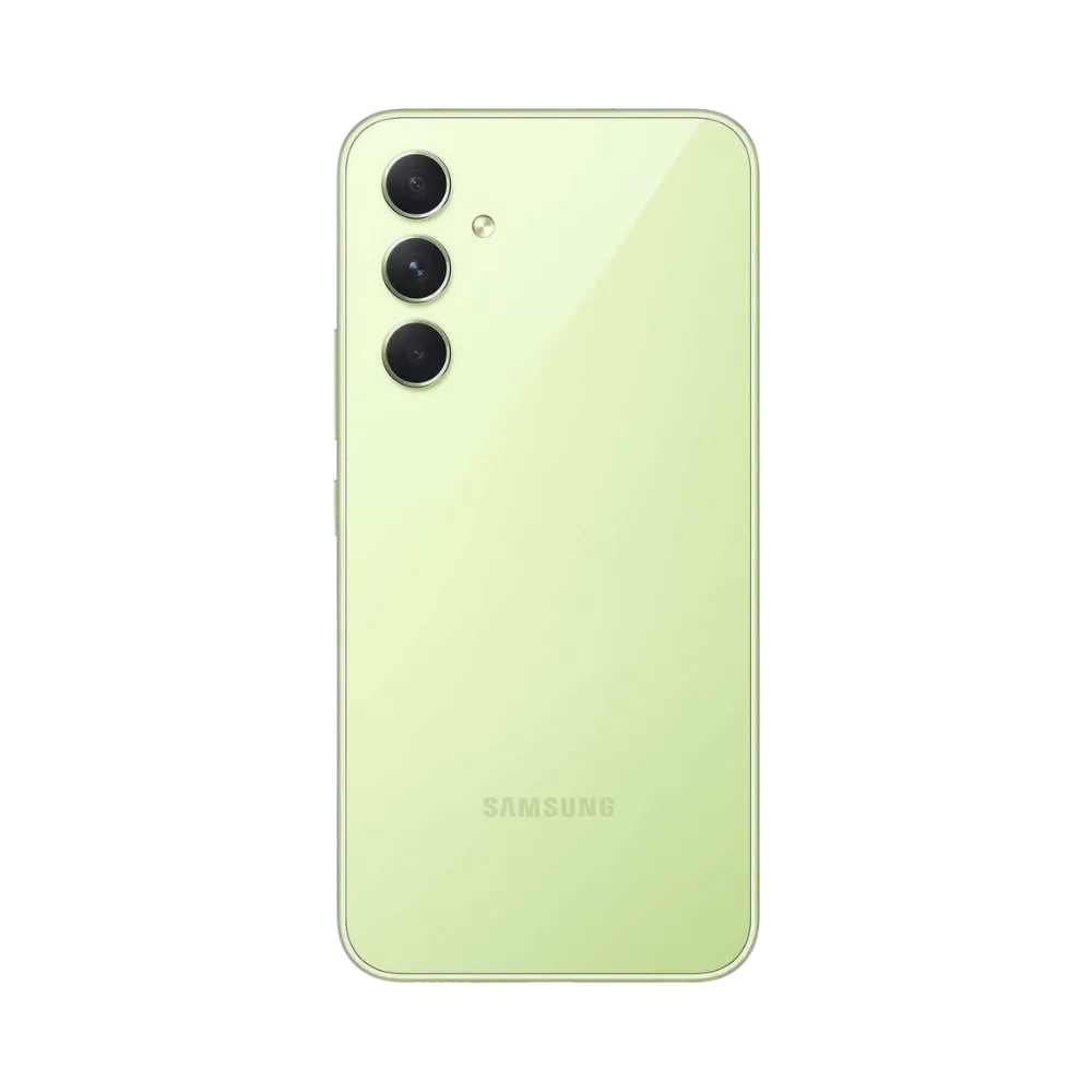 Dos vert Samsung Galaxy A54 5G avec triple caméra – réparation vitre arrière endommagée, changement batterie et restauration esthétique par iTelier Lyon – service professionnel garanti 1 an.