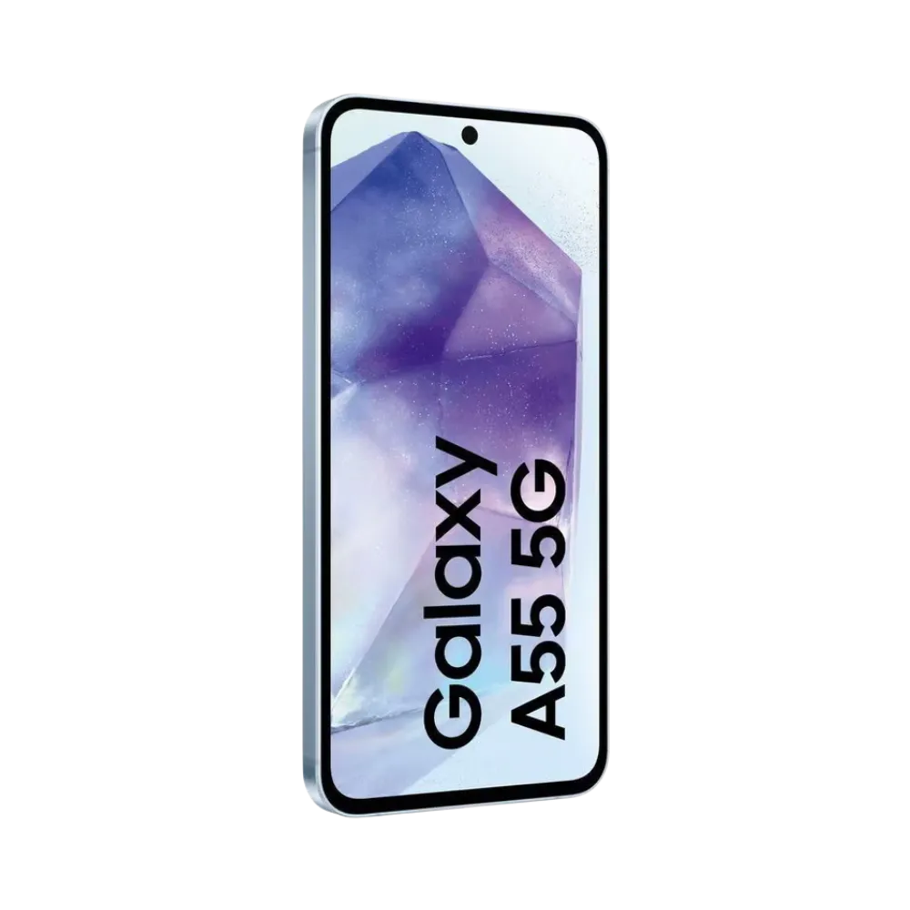 Samsung Galaxy A55 5G blanc incliné vu de profil droit – réparation écran, batterie et éléments internes avec iTelier Lyon – diagnostic offert, garantie pièces et main-d’œuvre, service national rapide.