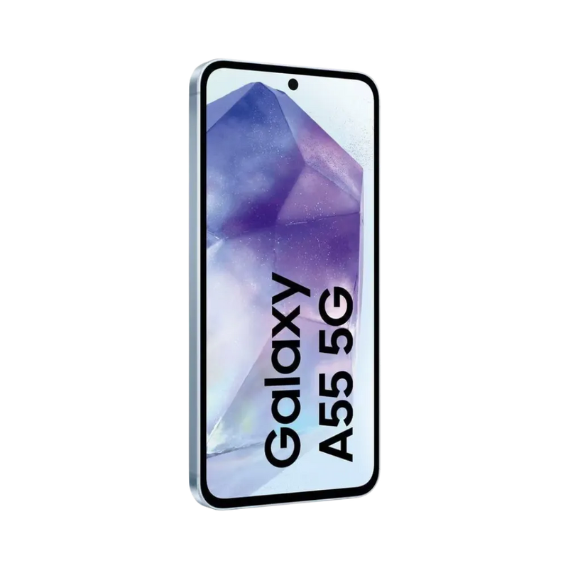 Samsung Galaxy A55 5G blanc incliné vu de profil droit – réparation écran, batterie et éléments internes avec iTelier Lyon – diagnostic offert, garantie pièces et main-d’œuvre, service national rapide.