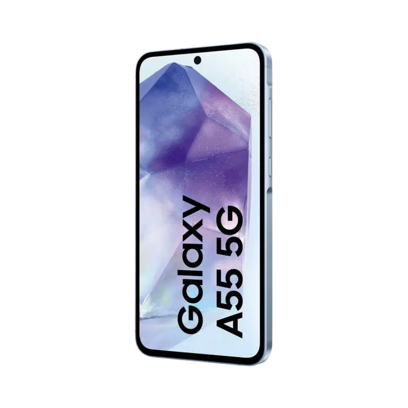 Samsung Galaxy A55 5G blanc vu de profil gauche – réparation connecteur de charge, boutons latéraux et remise à neuf complète chez iTelier Lyon – service professionnel en boutique ou par correspondance.