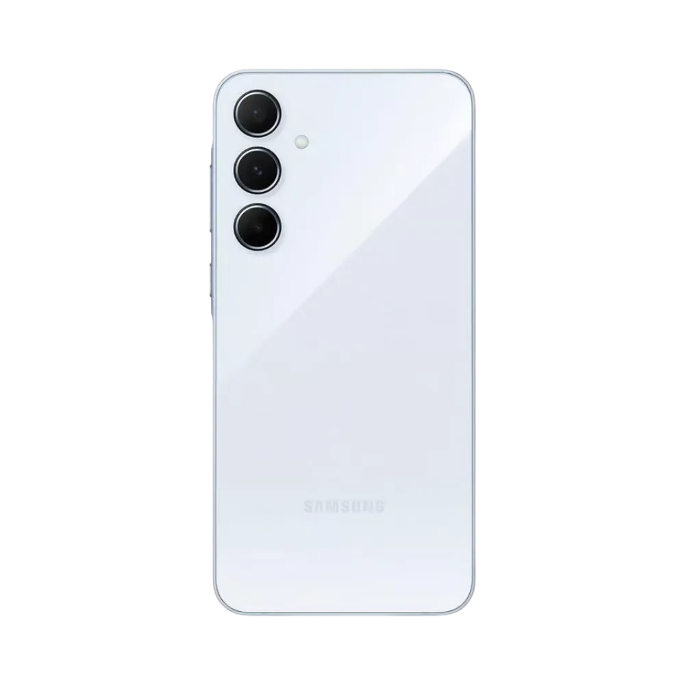Dos blanc Samsung Galaxy A55 5G avec triple caméra – réparation vitre arrière endommagée, changement batterie et restauration esthétique par iTelier Lyon – expertise locale, garantie 1 an.