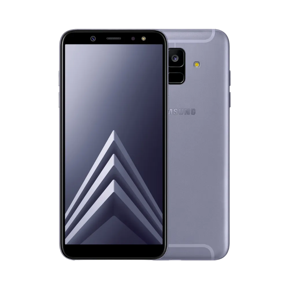 Samsung Galaxy A6 2018 violet vu de face et de dos – réparation écran Super AMOLED, remplacement batterie et vitre arrière avec iTelier Lyon – diagnostic offert, service express, garantie pièces et main-d’œuvre.