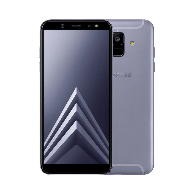 Samsung Galaxy A6 2018 violet vu de face et de dos – réparation écran Super AMOLED, remplacement batterie et vitre arrière avec iTelier Lyon – diagnostic offert, service express, garantie pièces et main-d’œuvre.